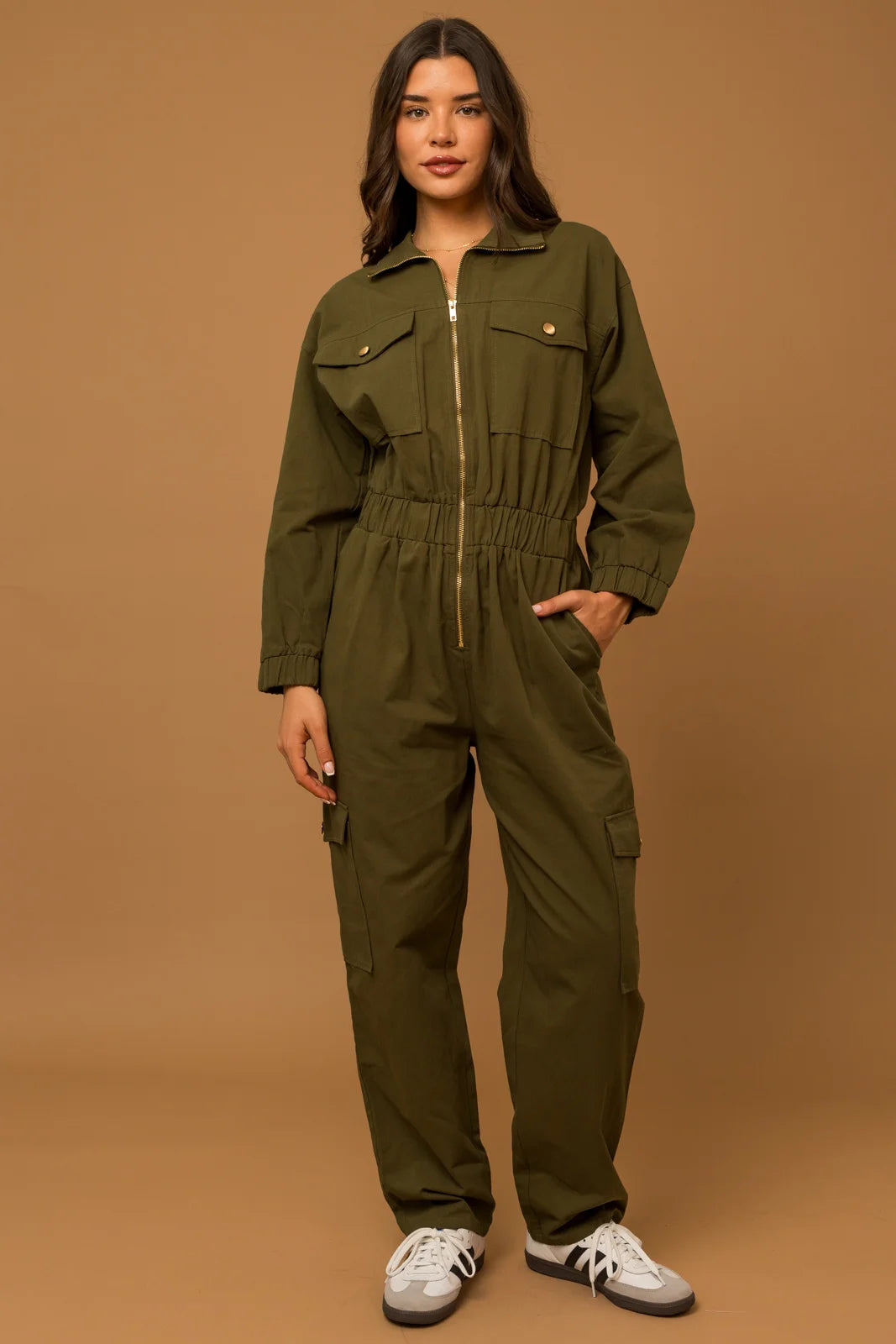 Cotton Front Zipper Elastic Waist Cargo Jumpsuit