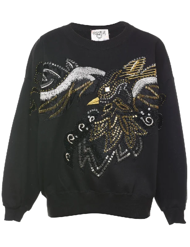 Dark Green Beaded Bird Design Sweatshirt - M French