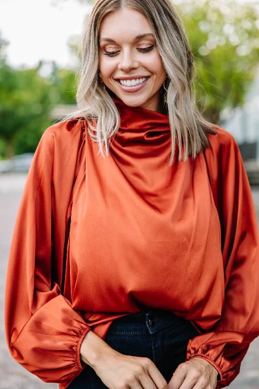 Embrace The Joy Rust Orange Satin Blouse Sporty Women's Tennis