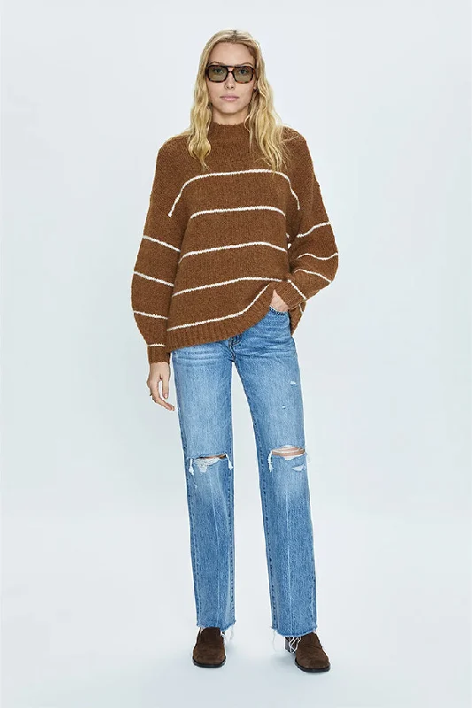 Pistola - Carlen Mock Neck Sweater - Caramel White Stripe Dapper Women's Bow - adorned