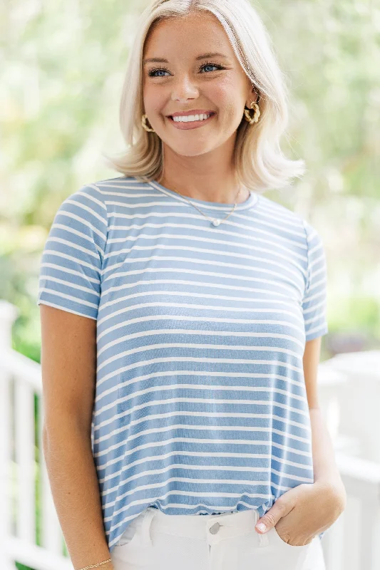 Let's Meet Later Light Blue and Ivory Striped Top Modern Women's 