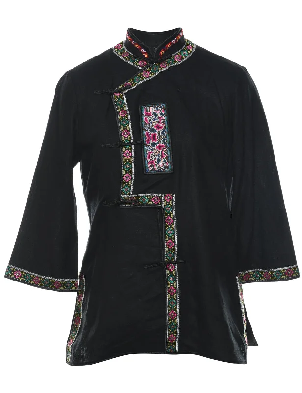 Floral Pattern Black, Green & Pink Embroidered Jacket - M Casual Women's Japanese 
