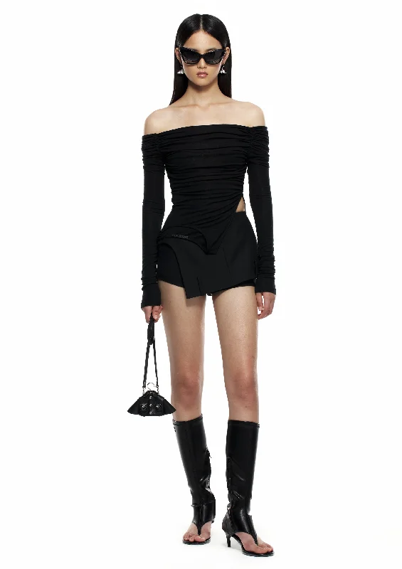 Black Off-Shoulder Long-sleeved Top European