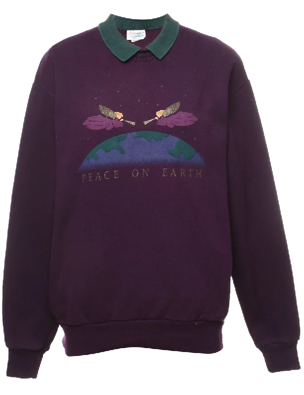 Peace On Earth 1990s Purple Printed Sweatshirt - M Sporty Women's Athleisure 