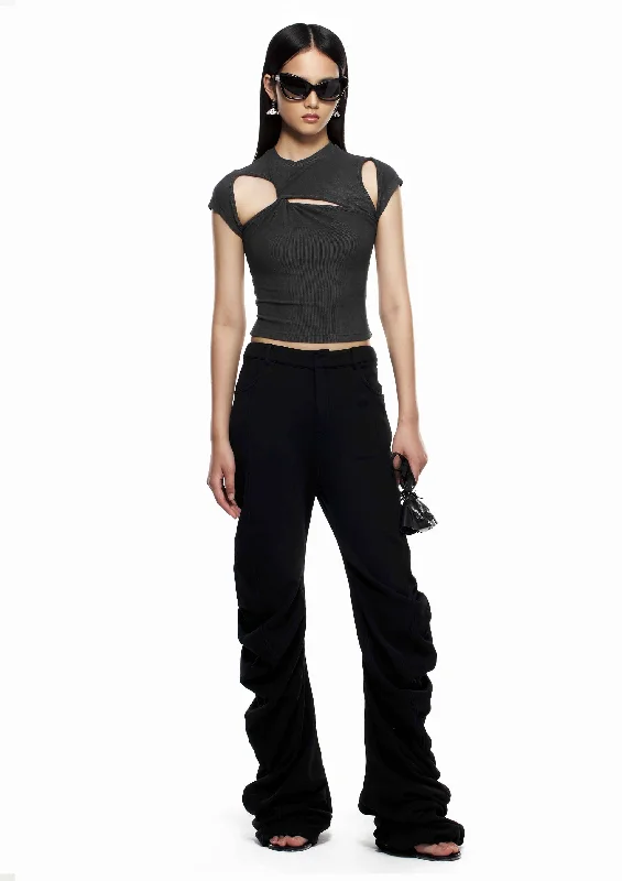 Black Irregular Cutout Top Preppy Women's College