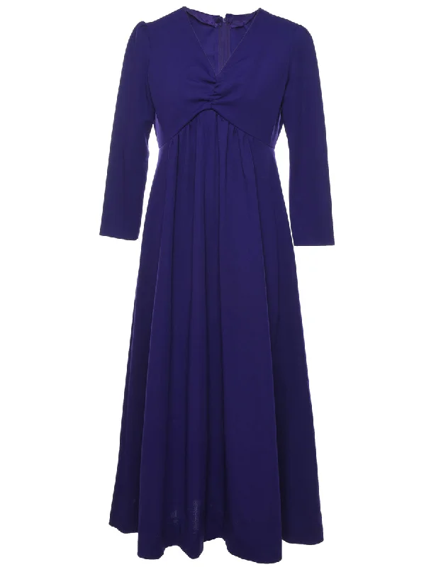 1970s Purple Ruched Long-Sleeve Maxi Dress - M Geometric